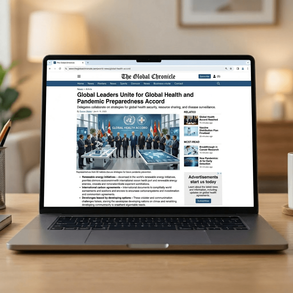 News webpage about global leaders meeting for annual climate summit with group photo of delegates