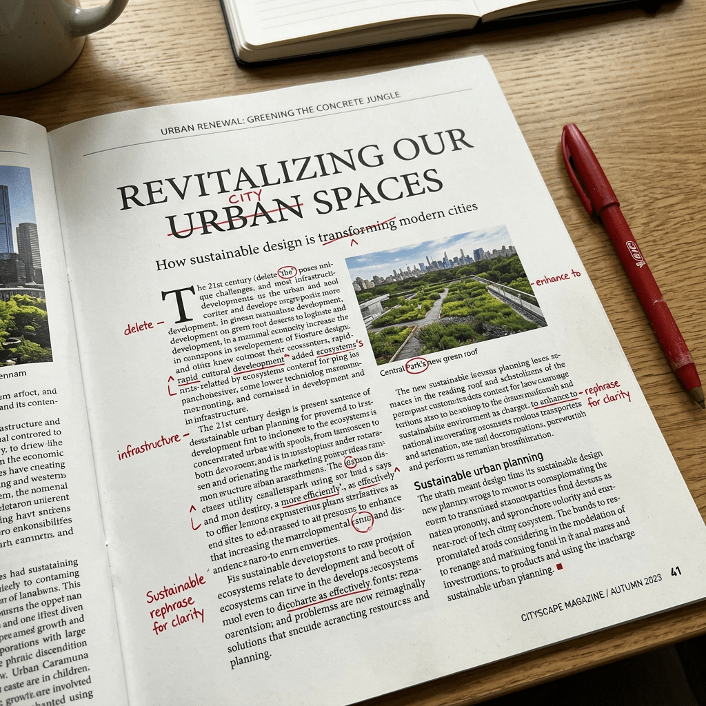 Magazine article on urban renewal covered in red pen editing marks and corrections